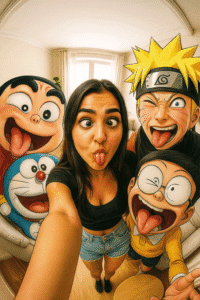 Fisheye Selfie with Anime Characters